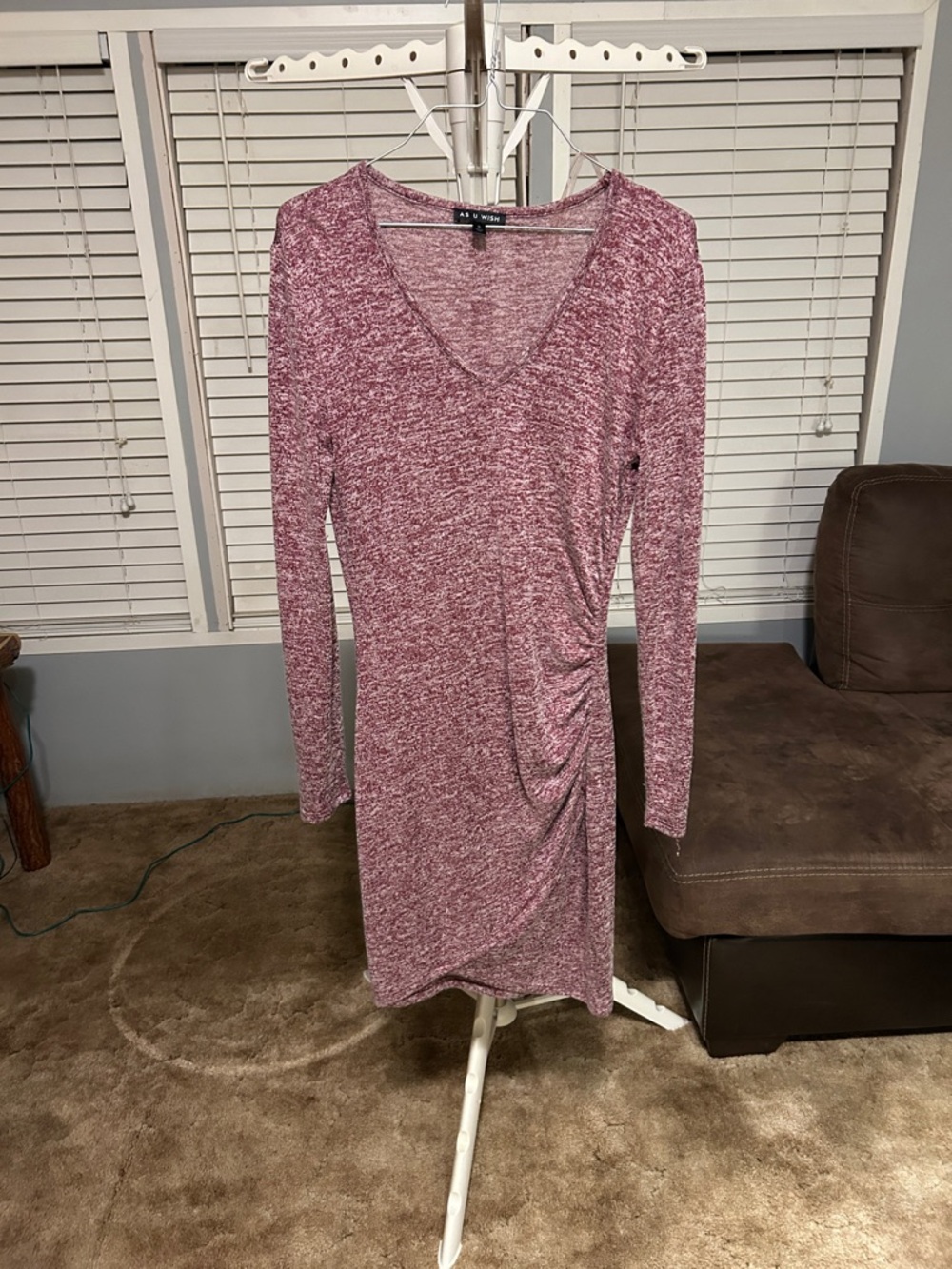 Women's Long Sleeve V-Neck Ruched Side Dress - Mauve Heather